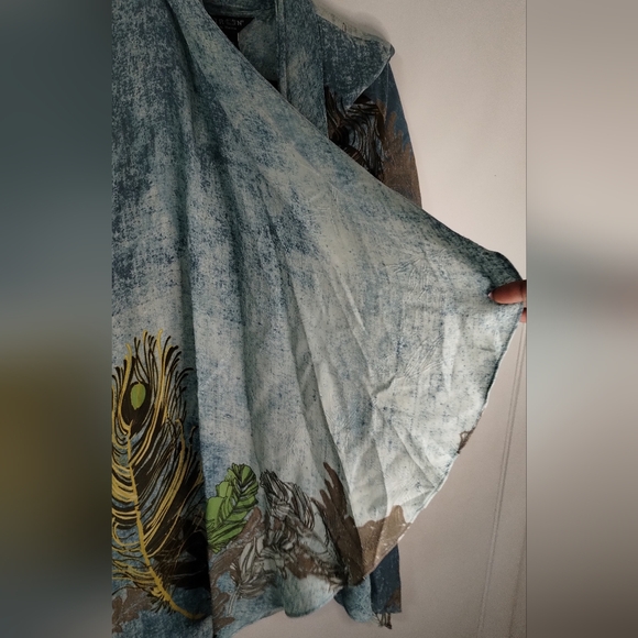 Citron Santa Monica 100% Silk Feather Print Open Front Kimono Cardigan Sz Small - Picture 4 of 12